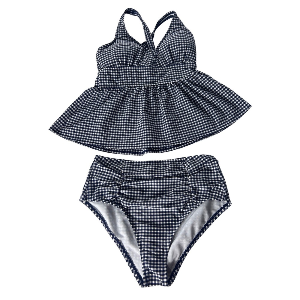 Draper James RSVP Navy Gingham Peplum Tankini High Waist Swimsuit Small‎ NEW